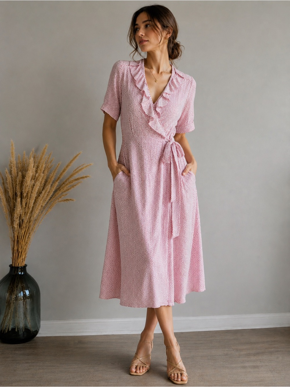 Ines de La Fressange x Uniqlo Pink Ruffle Wrap Midi Dress Rayon Size L